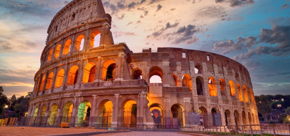 Colosseum at sunset, Rome. Rome best known architecture and landmark. Rome Colosseum is one of the main attractions of Rome and Italy