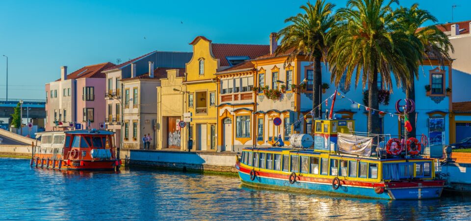 Moliceiro boats mooring alongside the central channel at Aveiro, Portugal