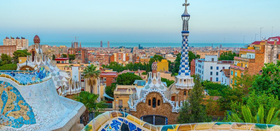 Sunset view of Parc Guell in Barcelona, Spain