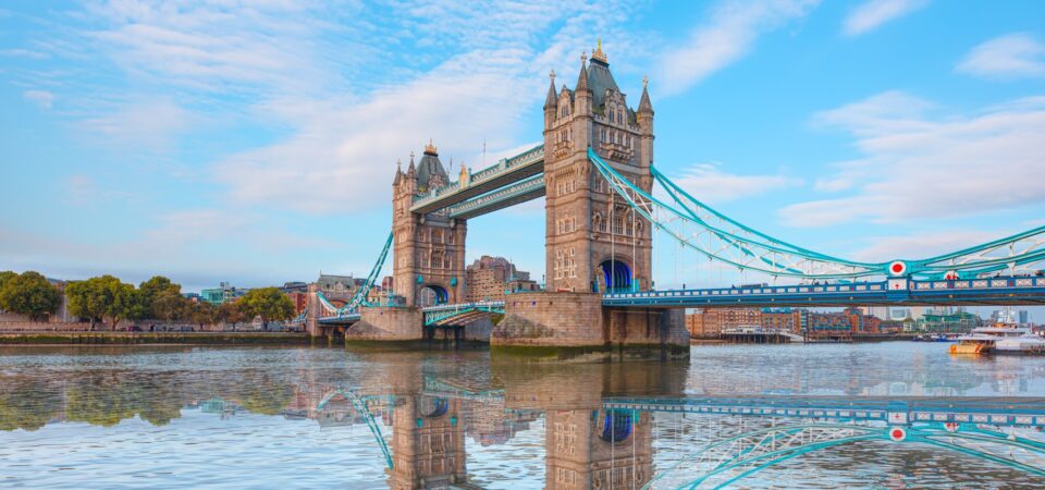 Panorama of the Tower Bridge, Tower of London on Thames river -