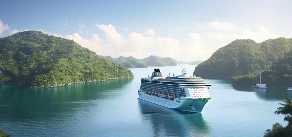 large luxurious cruise ship sailing in the sea on a sunny day.