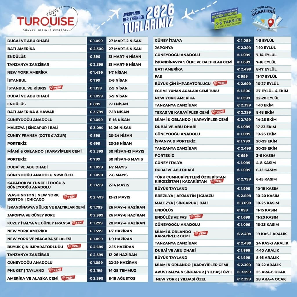 2026 Almanya Kalkışlı Gezi Turları - Turquise Reisen